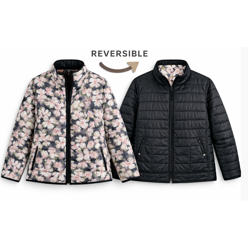 Basler Reversible Quilted Jacket 50 2X Black Floral Zip Lightweight Germany